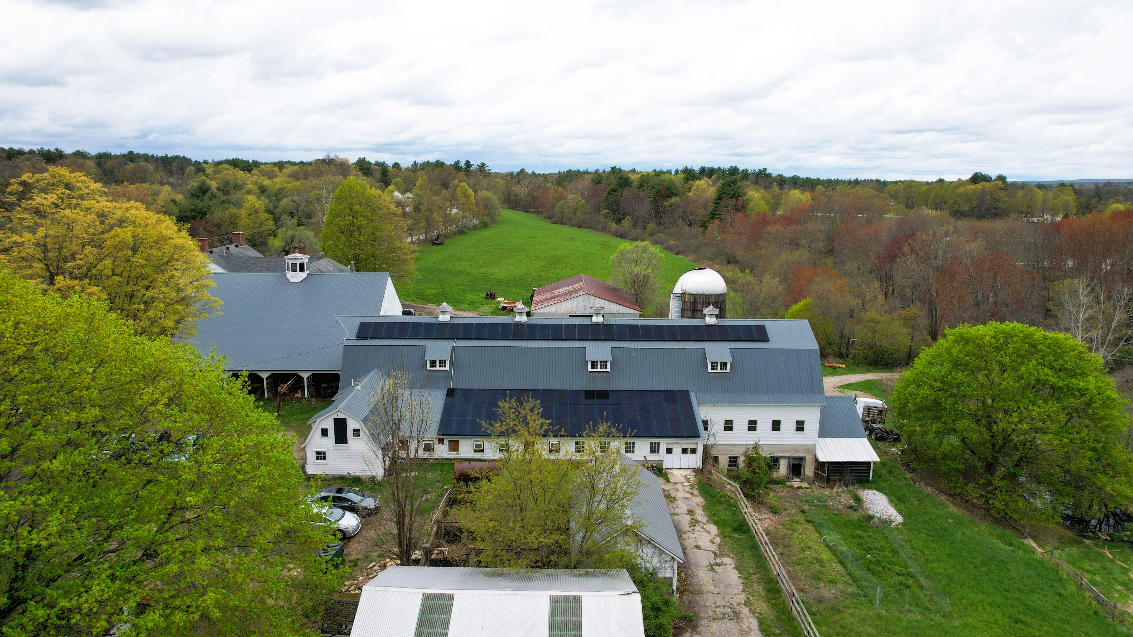 Aerial view of Upswing Farm solar installation in Pepperell, MA